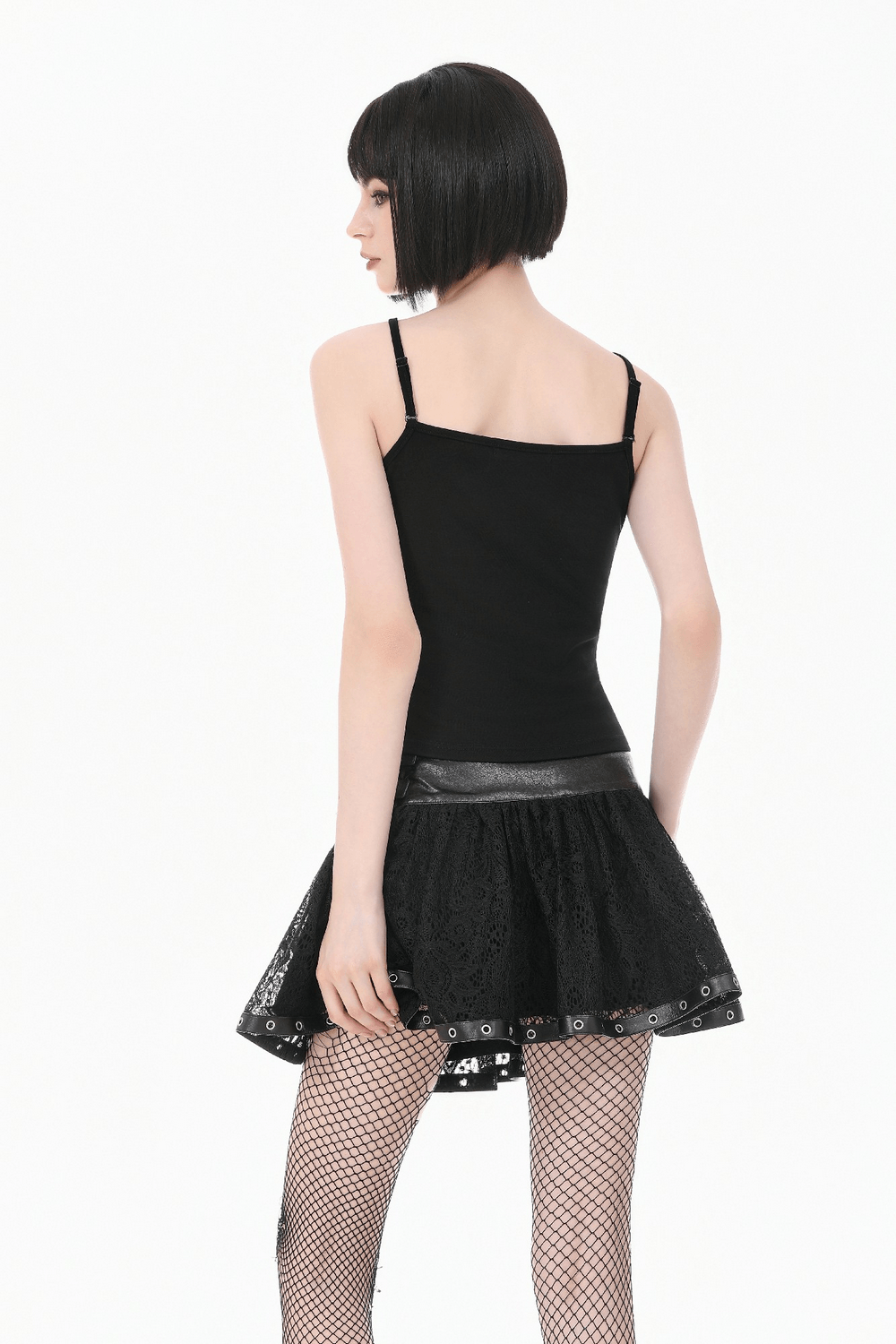 Women's Gothic Lace Mini Skirt with Chain Details showcasing a stylish back view with fishnet tights.