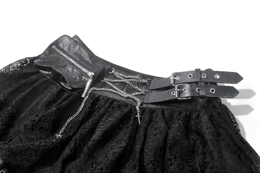 Women's Gothic Lace Mini Skirt with Chain Details showcasing adjustable belt and decorative pouch.