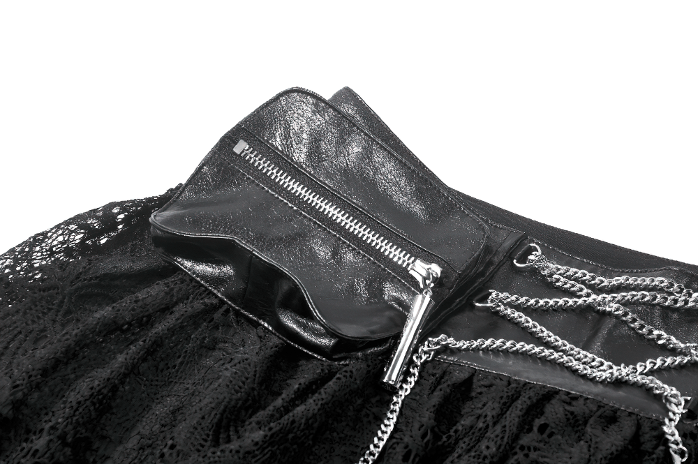 Women's Gothic Lace Mini Skirt with Chain Details featuring a zip pouch and layered lace fabric for a punk-inspired look.
