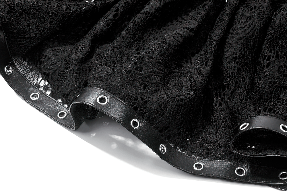 Women's Gothic Lace Mini Skirt with Chain Details featuring black lace fabric and stylish chain accents.