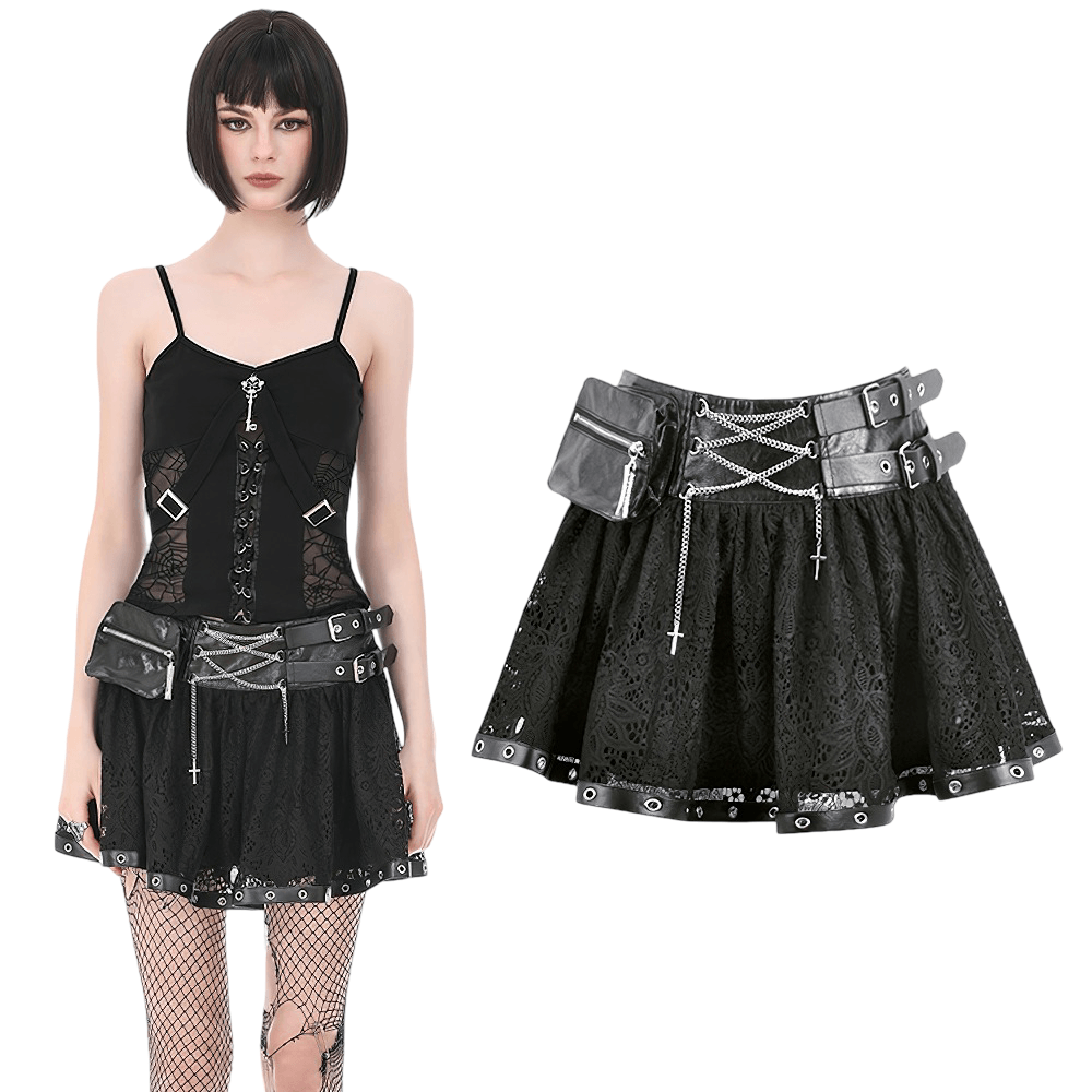 Women's Gothic Lace Mini Skirt with Chain Details showcasing lace fabric, adjustable belted waistband, and decorative chains.