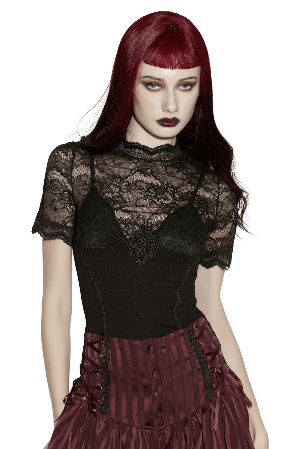 Alt Tag: Women's Gothic Lace Mock Neck Short-Sleeved Top with sheer floral lace yoke, sculpted stretch fit, dark romantic goth style