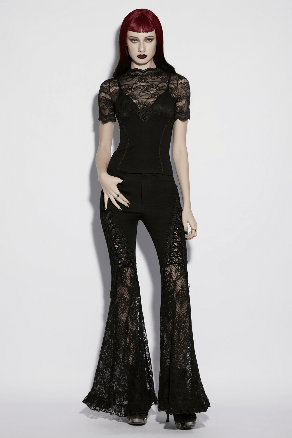 Alt Tag: Women's Gothic Lace Mock Neck Short-Sleeved Top in black sheer floral lace yoke, fitted stretch bodice, dark romantic gothic style