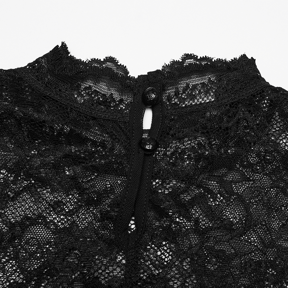 Alt Tag: Women's Gothic Lace Mock Neck Short-Sleeved Top sheer floral lace yoke close-up with mock neck and button keyhole detail