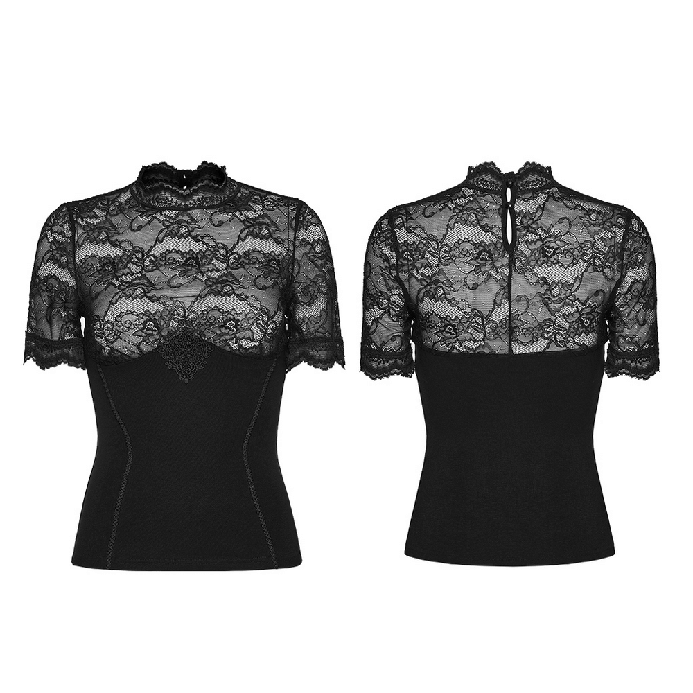 Alt Tag: Women's Gothic Lace Mock Neck Short-Sleeved Top front and back view with sheer floral lace yoke, fitted stretch knit bodice