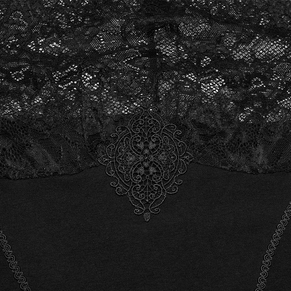 Alt Tag: Women's Gothic Lace Mock Neck Short-Sleeved Top close-up of sheer floral lace yoke with 3D chest applique, dark romantic detail