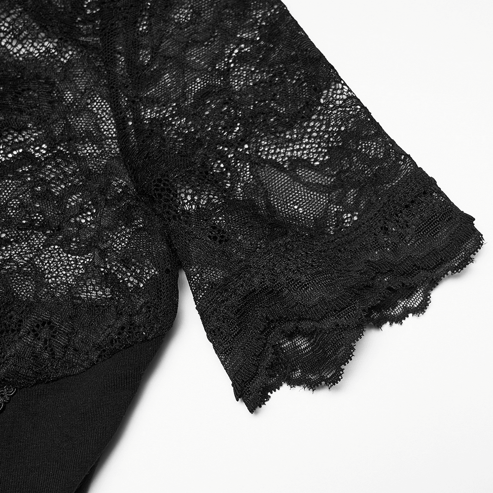 Alt Tag: Women's Gothic Lace Mock Neck Short-Sleeved Top black floral sheer lace short sleeve detail with scalloped edge