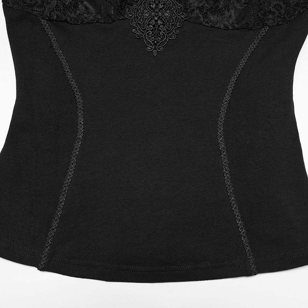 Alt Tag: Women's Gothic Lace Mock Neck Short-Sleeved Top black stretch knit bodice with sheer lace yoke, corset-style seams and 3D applique