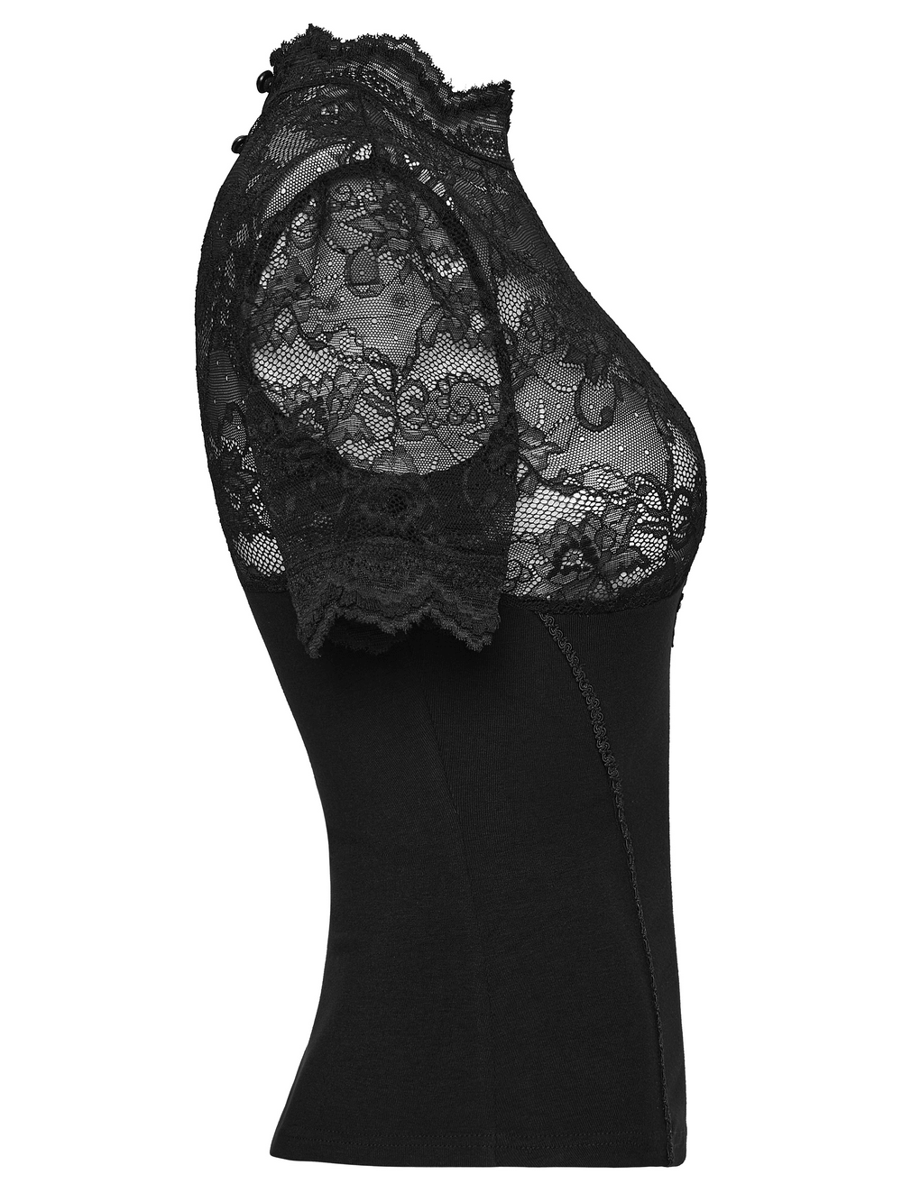 Alt Tag: Women's Gothic Lace Mock Neck Short-Sleeved Top side view with sheer floral lace yoke, stretch knit bodice, dark romantic fit