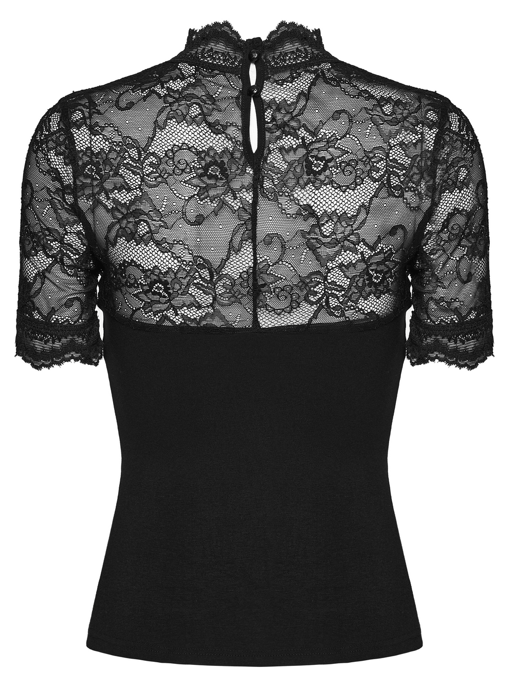 Alt Tag: Women's Gothic Lace Mock Neck Short-Sleeved Top with sheer floral lace yoke, sculpted black stretch knit bodice, water-drop back keyhole
