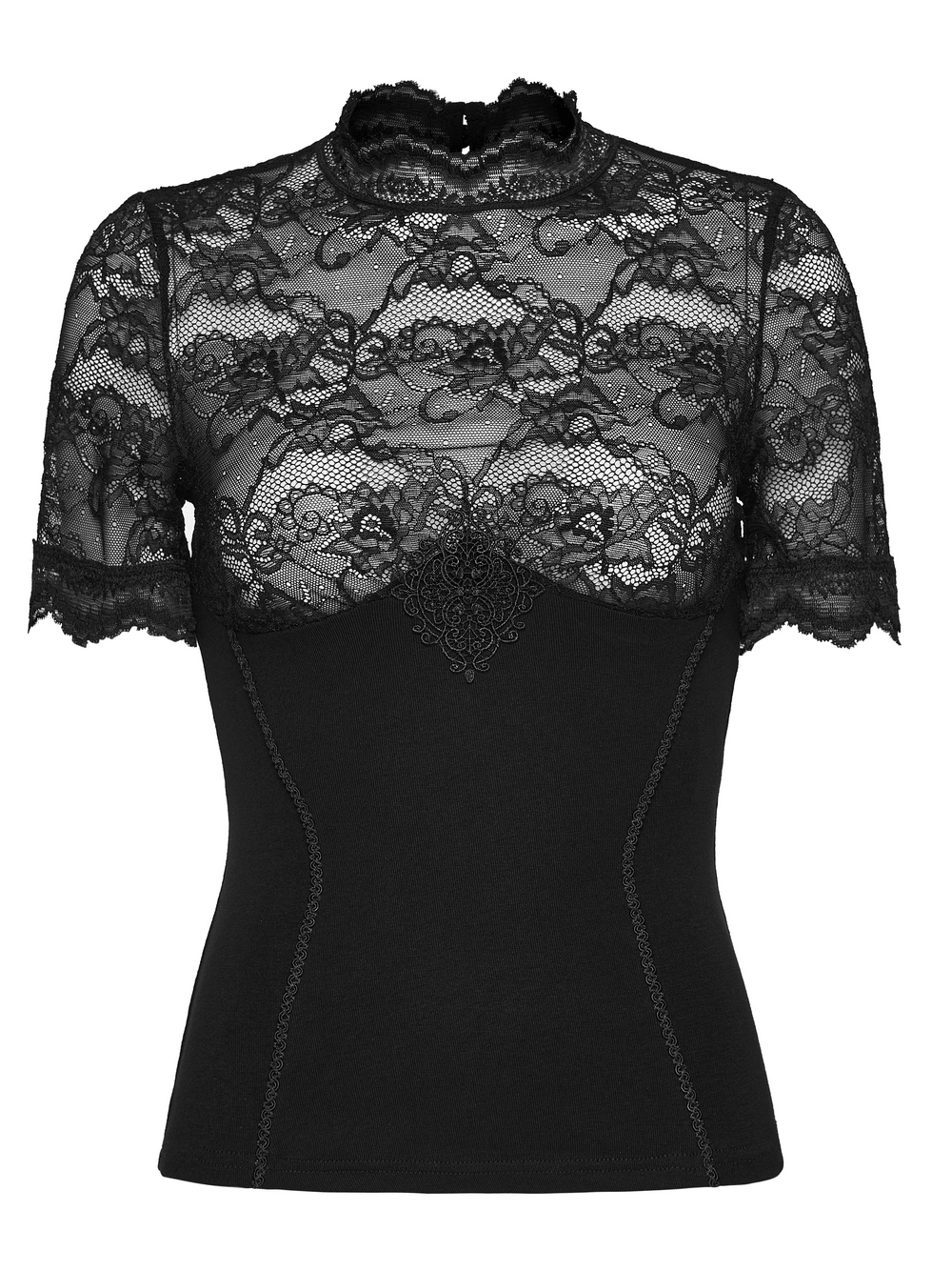 Alt Tag: Women's Gothic Lace Mock Neck Short-Sleeved Top black sheer floral lace yoke fitted stretch knit bodice with chest applique