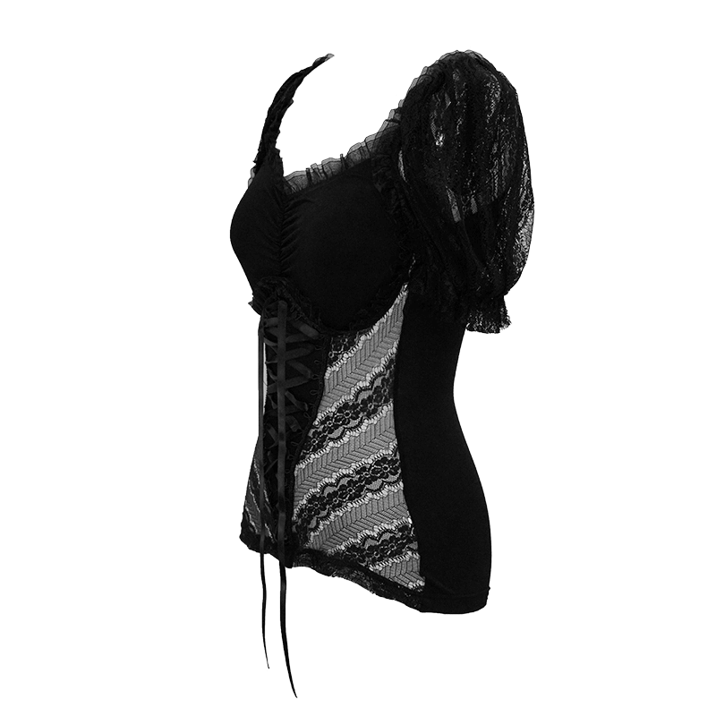 Women's gothic black lace t-shirt with puff sleeves and lace-up features, perfect for a stylish, elegant look.