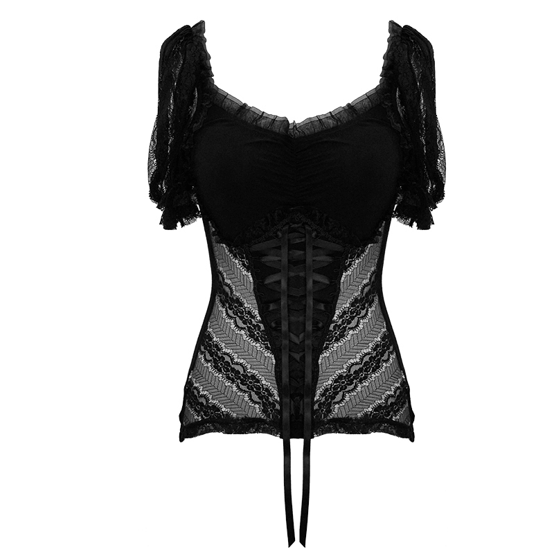 Women's gothic black lace puff sleeve t-shirt with lace-up front and elegant design.