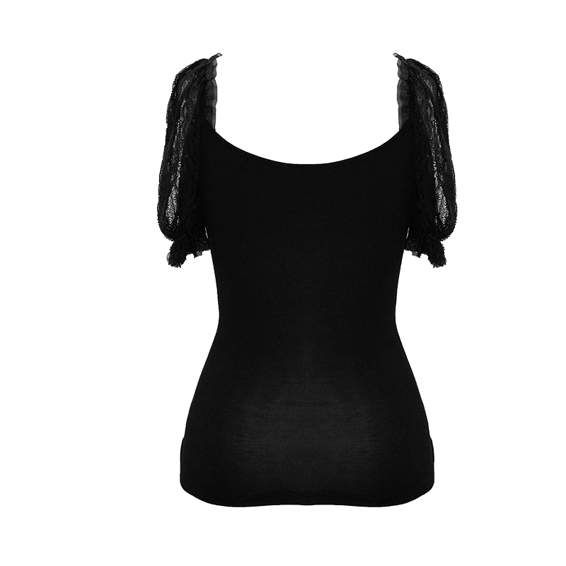 Back view of women's gothic black lace slim t-shirt with puff sleeves, showcasing elegant lace details.