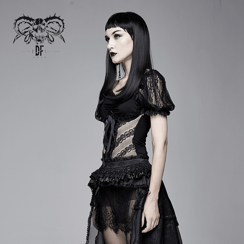 Model wearing a women's gothic black lace slim t-shirt with puff sleeves and vintage cut, showcasing elegance and style.
