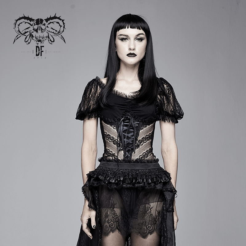 Women's gothic lace slim t-shirt featuring puff sleeves and lace-up design for an elegant look.