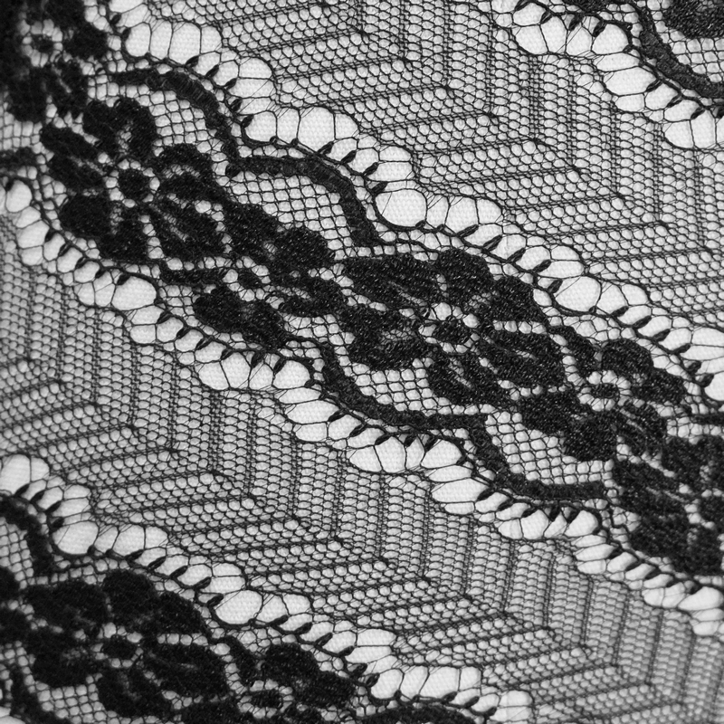 Elegant black lace fabric with intricate floral patterns, perfect for gothic fashion and stylish apparel.