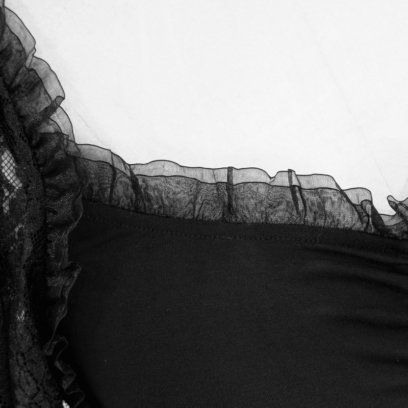 Close-up of black gothic lace puff sleeve detail on a stylish women's t-shirt, featuring delicate mesh trim.