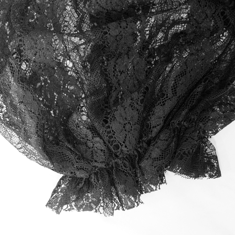 Close-up of elegant black lace fabric, showcasing intricate patterns for gothic style clothing.
