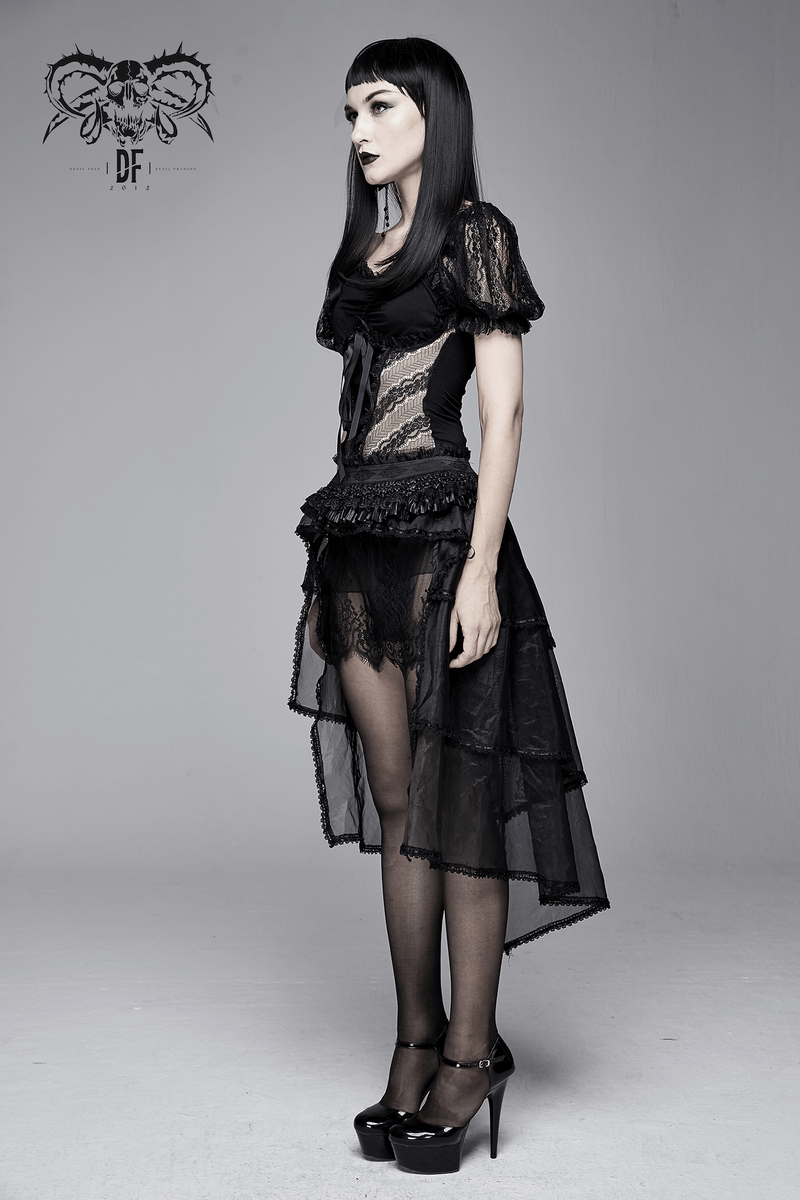 Elegant black gothic t-shirt with puff sleeves and lace detailing, styled with a mesh skirt and high heels.