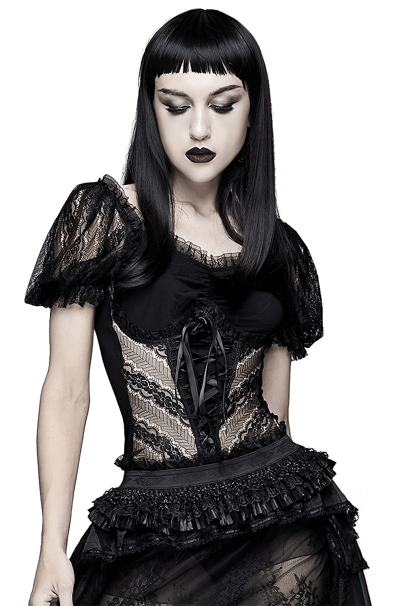 Women's Gothic Lace Puff Sleeve Slim T-Shirt / Gorgeous Sexy Lace-up Short Sleeve T-shirts for Lady - HARD'N'HEAVY