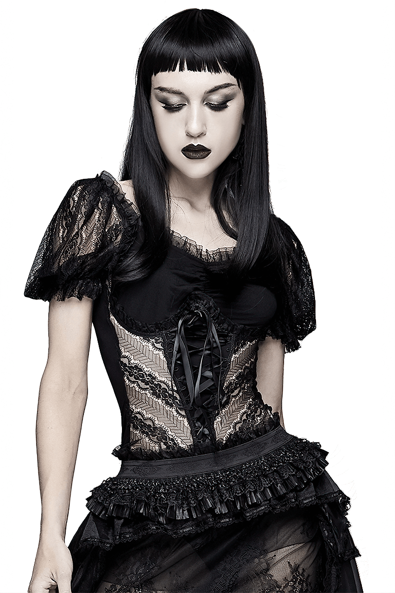 Women's gothic lace puff sleeve t-shirt with lace-up detailing and elegant vintage design.