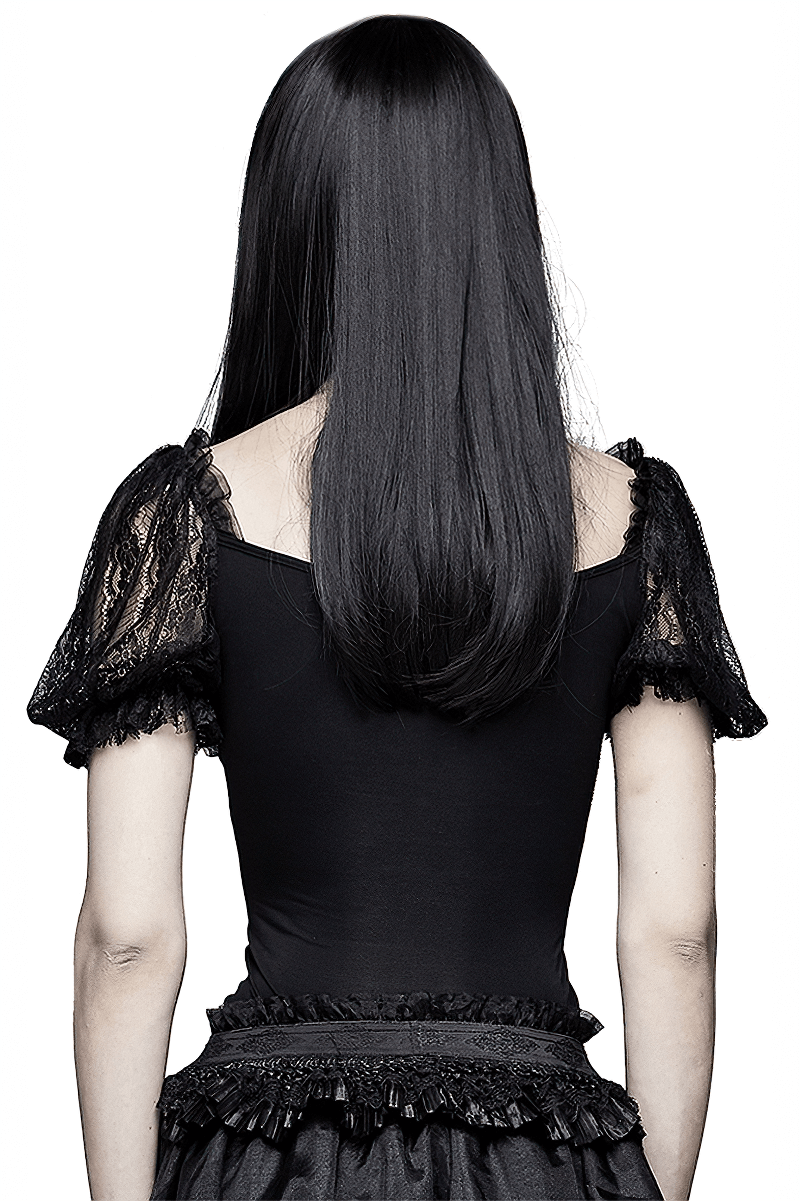 Back view of a women's gothic black lace slim t-shirt with puff sleeves, perfect for a stylish, elegant look.