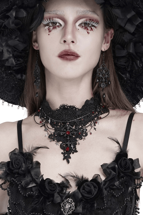 Women's Gothic Lace Red Gem Layered Choker Necklace