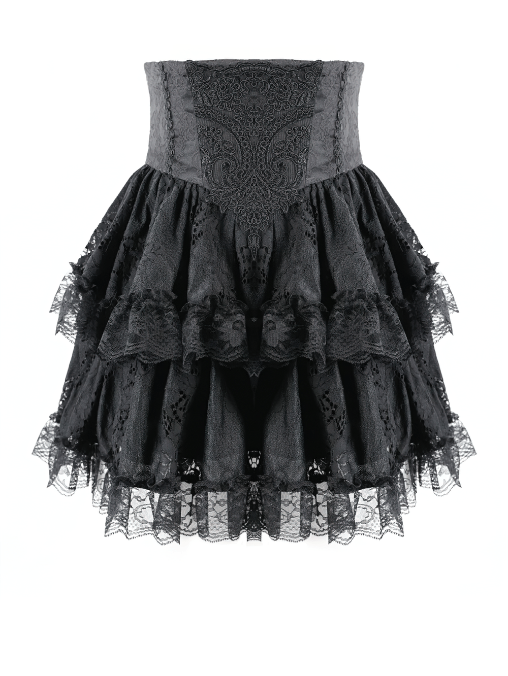 Women's Gothic Lace Ruffle High Waist Mini Skirt, black Victorian layered skirt with corset waist and ornate embroidery
