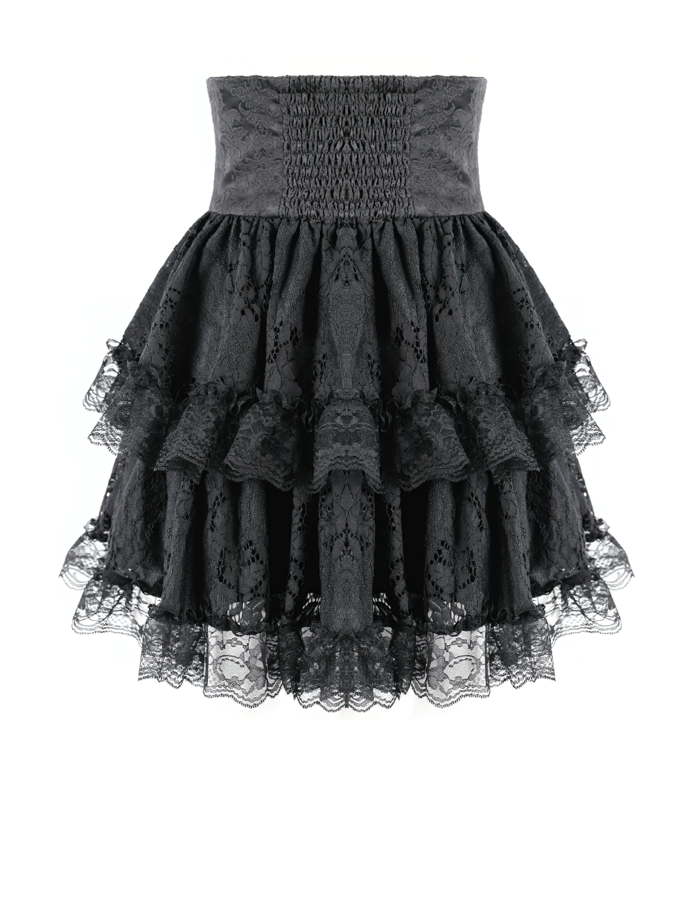 Women's Gothic Lace Ruffle High Waist Mini Skirt black Victorian layered mini skirt with corset waist and lace ruffles