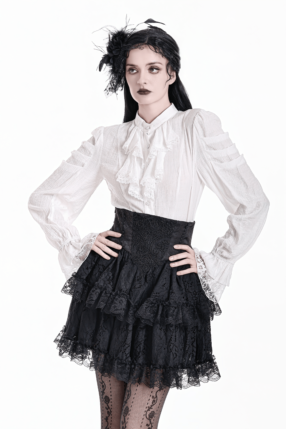 Women's Gothic Lace Ruffle High Waist Mini Skirt in black, layered Victorian style with corset waist and lace ruffles
