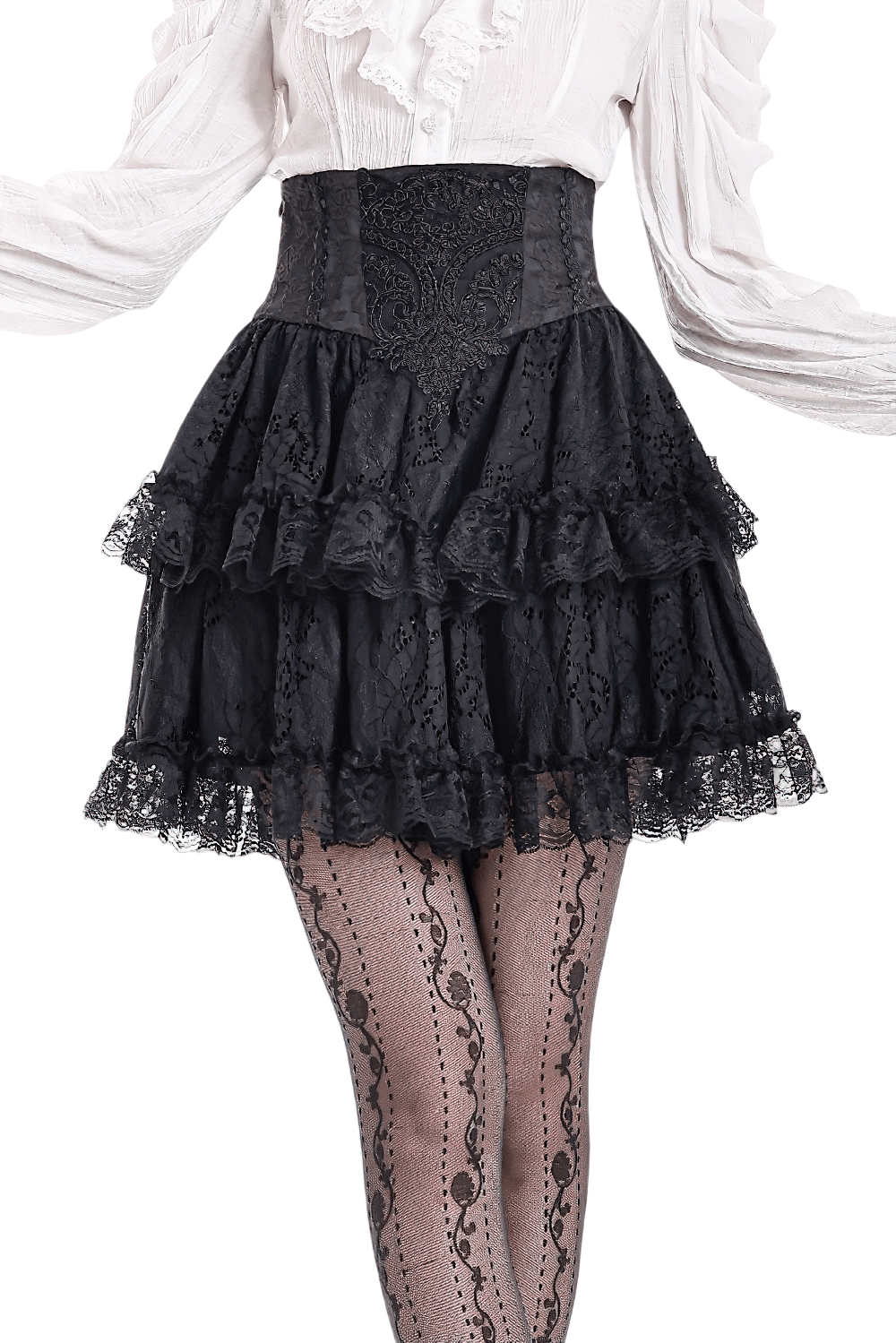 Women's Gothic Lace Ruffle High Waist Mini Skirt, black Victorian layered skirt with corset waist and floral lace ruffles