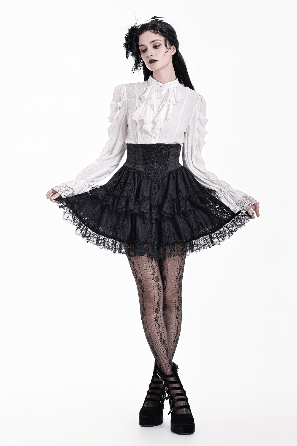 Women's Gothic Lace Ruffle High Waist Mini Skirt, black Victorian layered mini skirt with corset waist and lace ruffles