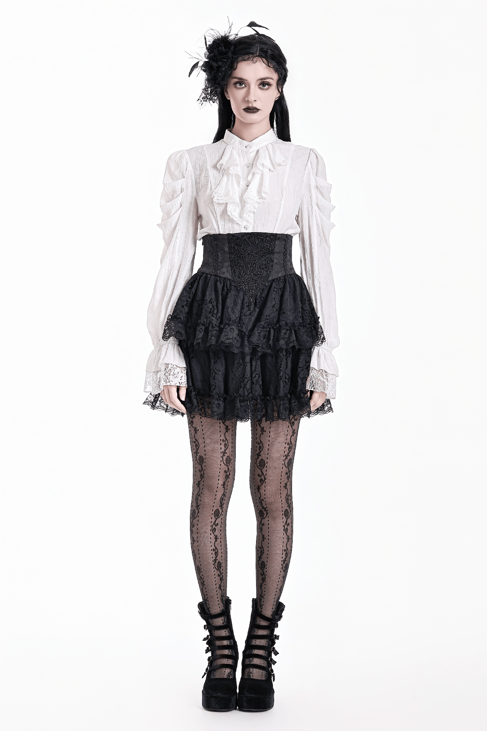 Women's Gothic Lace Ruffle High Waist Mini Skirt black Victorian layered corset-waist mini skirt with lace ruffles and embroidery