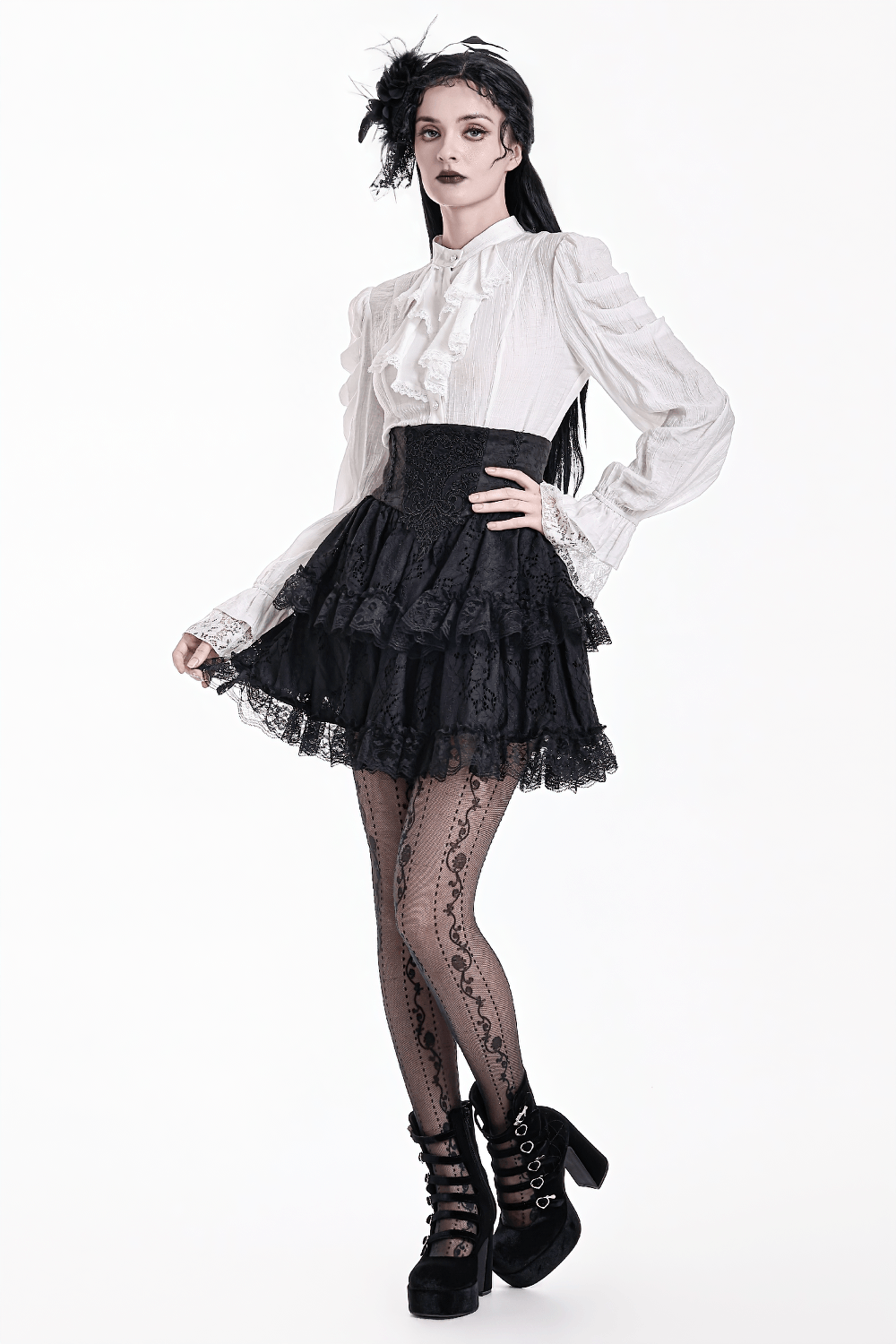 Women's Gothic Lace Ruffle High Waist Mini Skirt with Victorian layered black lace, corset waist and dramatic ruffles