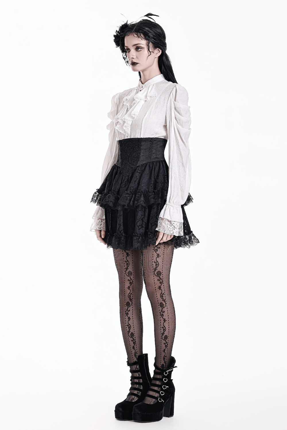 Women's Gothic Lace Ruffle High Waist Mini Skirt with Victorian layered black lace, corset waist, and ruffle trim