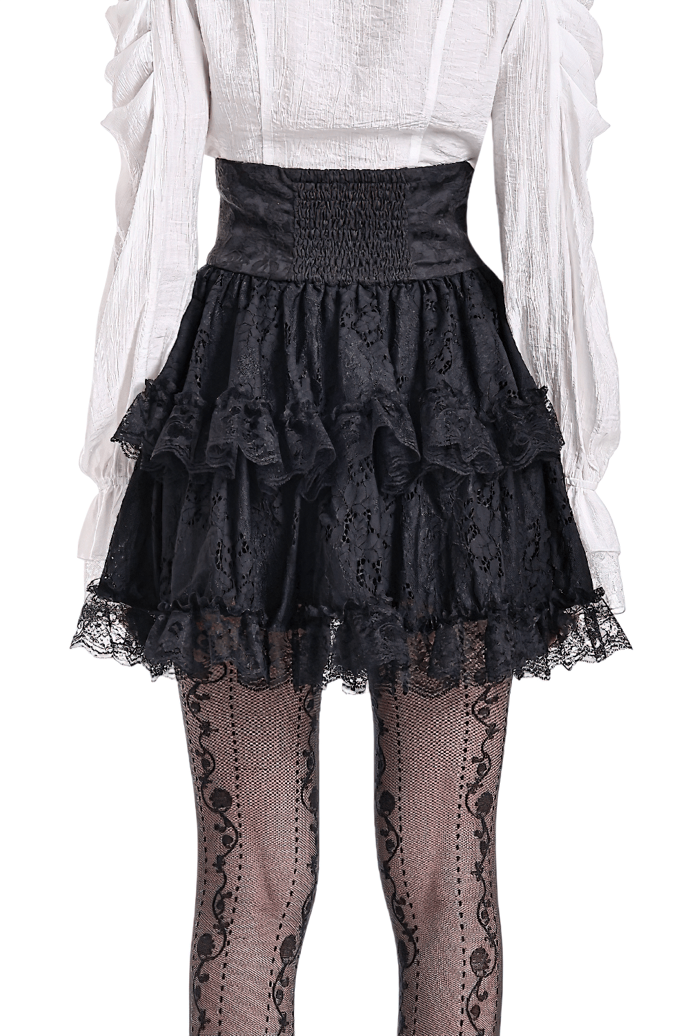 Women's Gothic Lace Ruffle High Waist Mini Skirt, black Victorian layered mini skirt with corset waist and lace ruffles