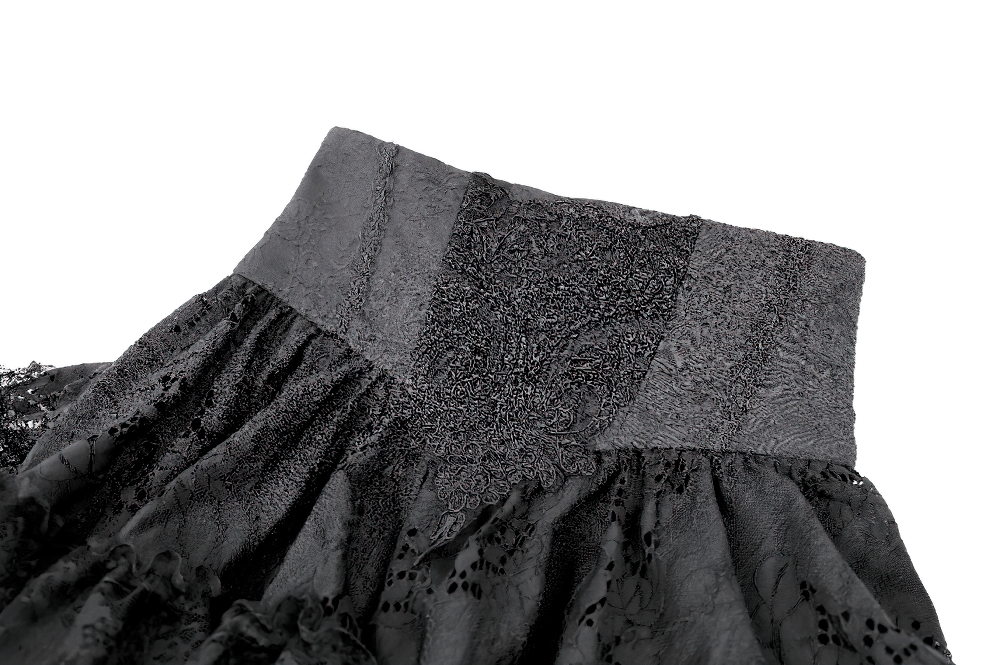 Women's Gothic Lace Ruffle High Waist Mini Skirt with corset waist, layered black ruffles, and ornate Victorian-inspired embroidery