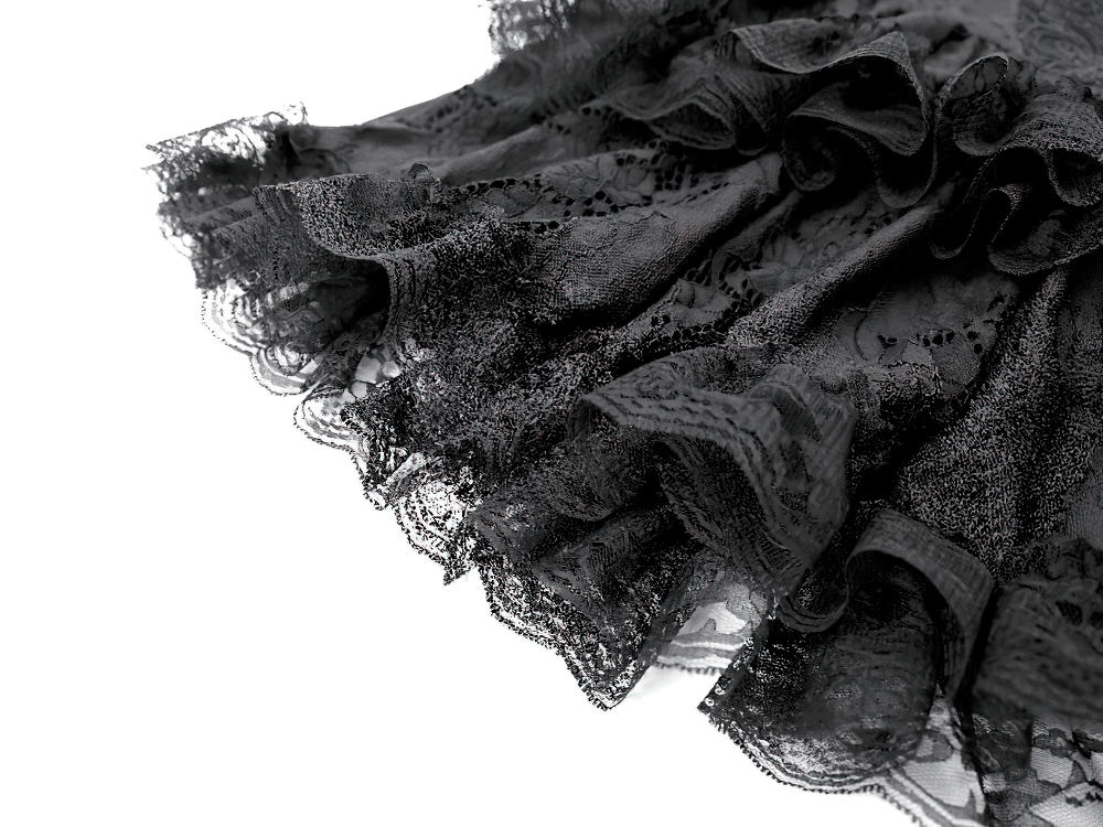 Women's Gothic Lace Ruffle High Waist Mini Skirt, black Victorian-inspired tiered lace ruffles with corset waist detail