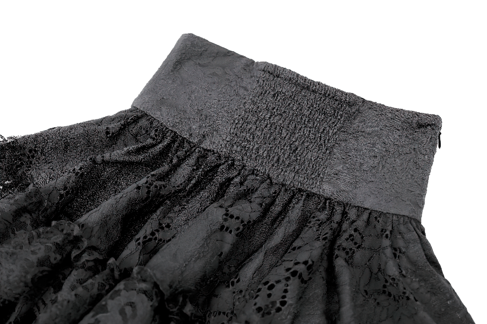 Women's Gothic Lace Ruffle High Waist Mini Skirt black Victorian layered lace mini skirt with corset waist