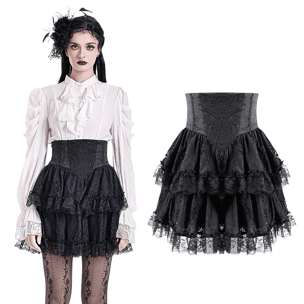 Women's Gothic Lace Ruffle High Waist Mini Skirt black, Victorian layered corset-waist mini skirt with ornate lace and ruffles