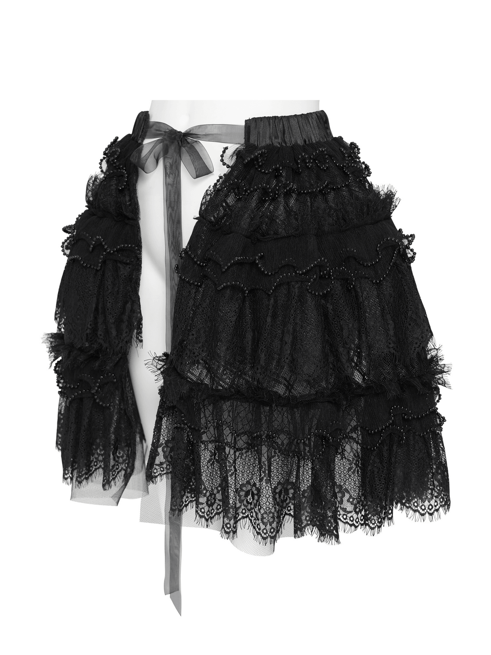 Women's Gothic Lace Ruffle Mini Skirt with Layered Trim showcasing elegant ruffles and lace detail.
