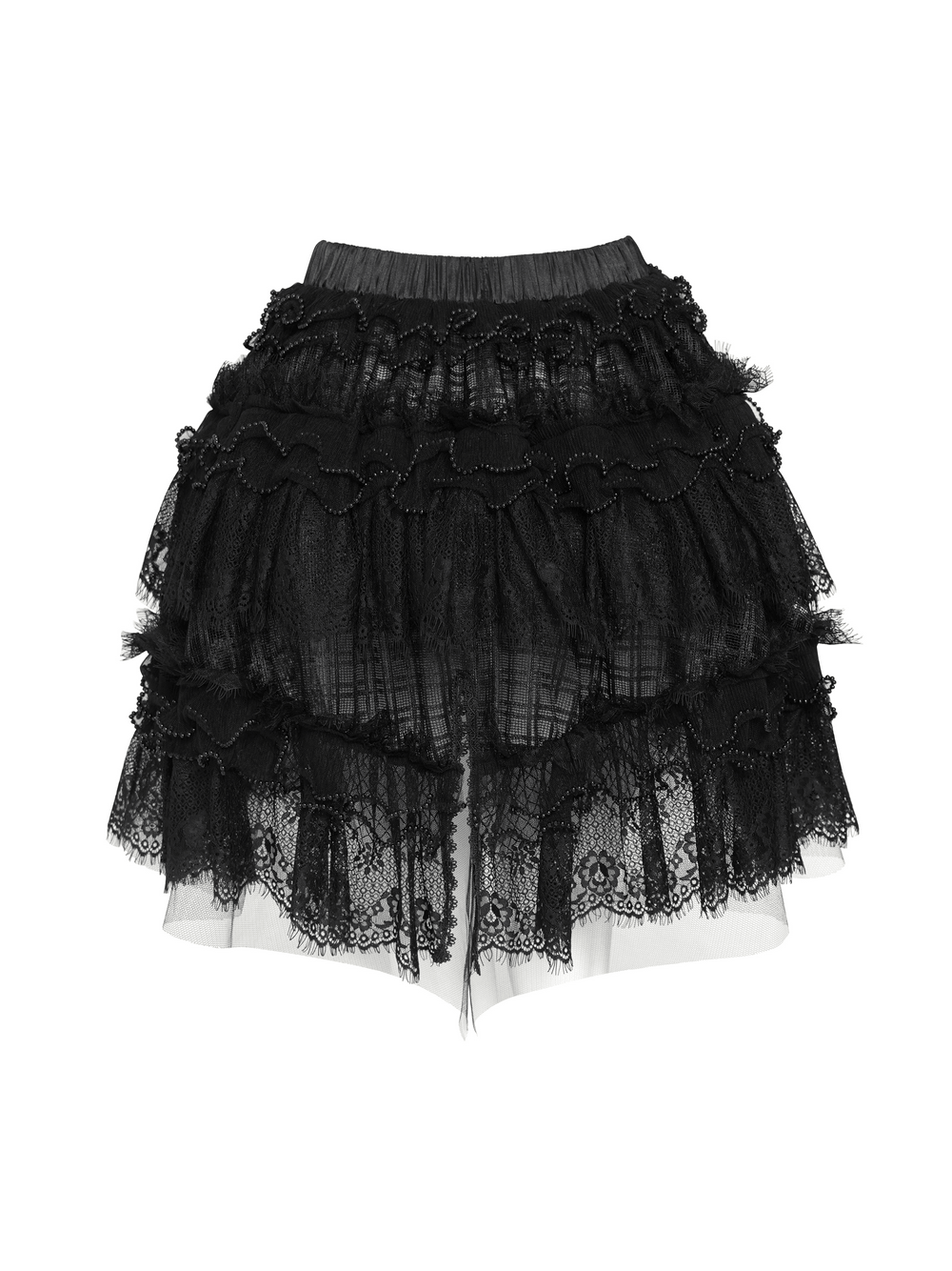Women's Gothic Lace Ruffle Mini Skirt with Layered Trim featuring intricate lace and ruffles.