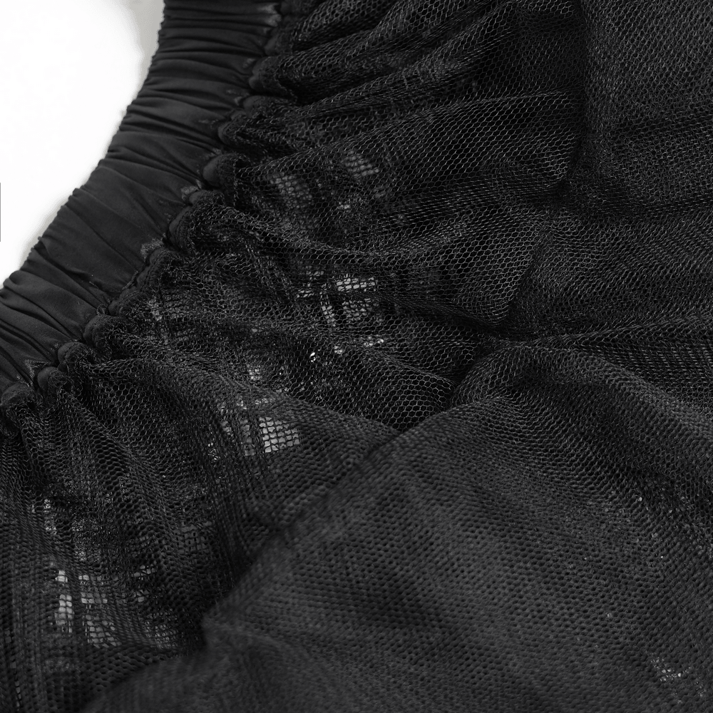 Close-up of the fabric texture of Women's Gothic Lace Ruffle Mini Skirt with Layered Trim, showcasing its intricate details.