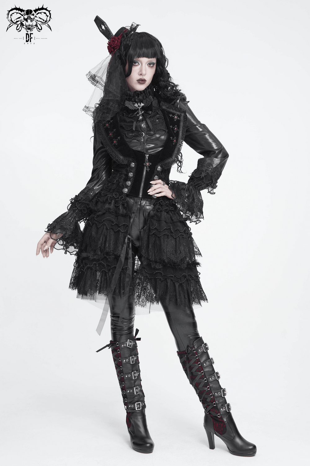 Women's Gothic Lace Ruffle Mini Skirt with Layered Trim styled with matching accessories and footwear.