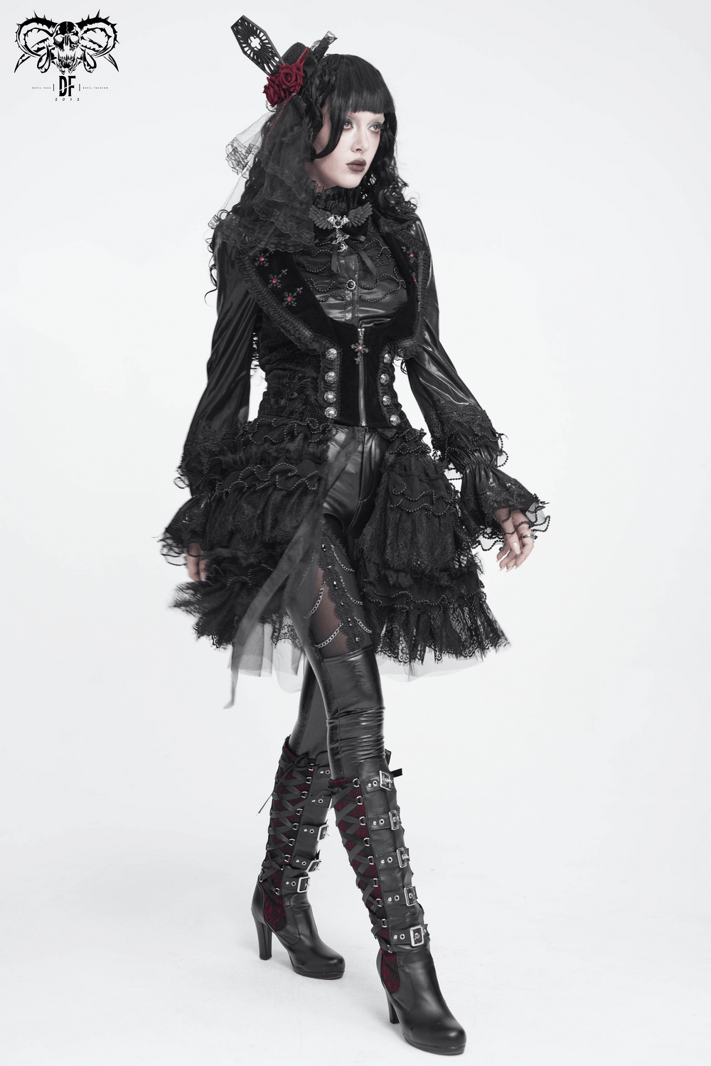 Women's Gothic Lace Ruffle Mini Skirt with Layered Trim styled with a dramatic outfit and bold accessories.