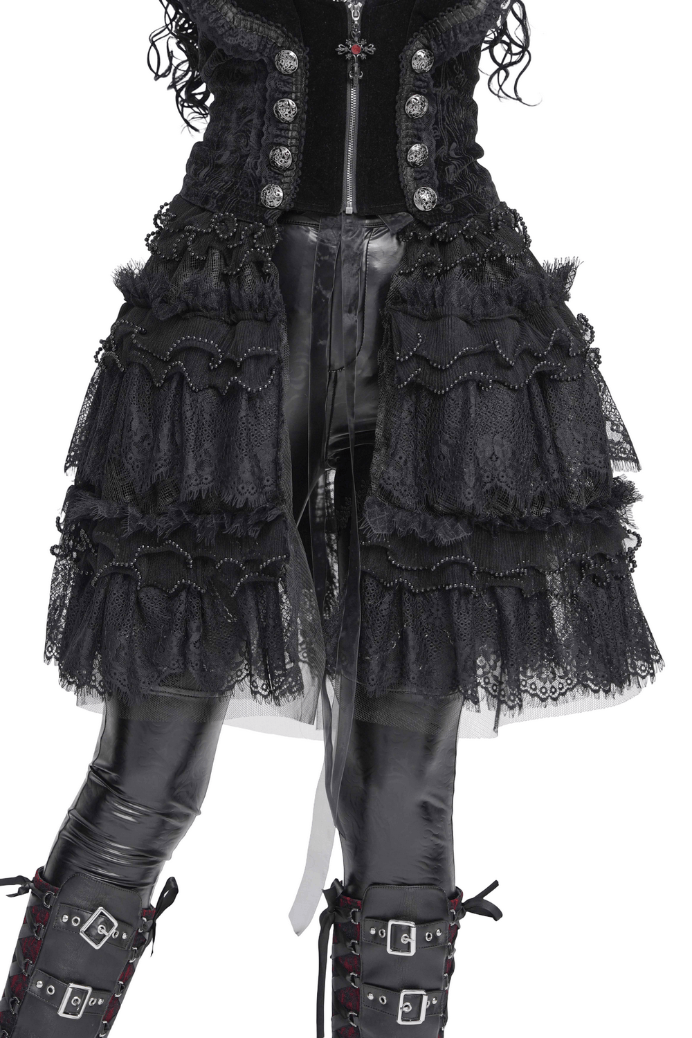 Women's Gothic Lace Ruffle Mini Skirt with Layered Trim featuring intricate lace and ruffles.