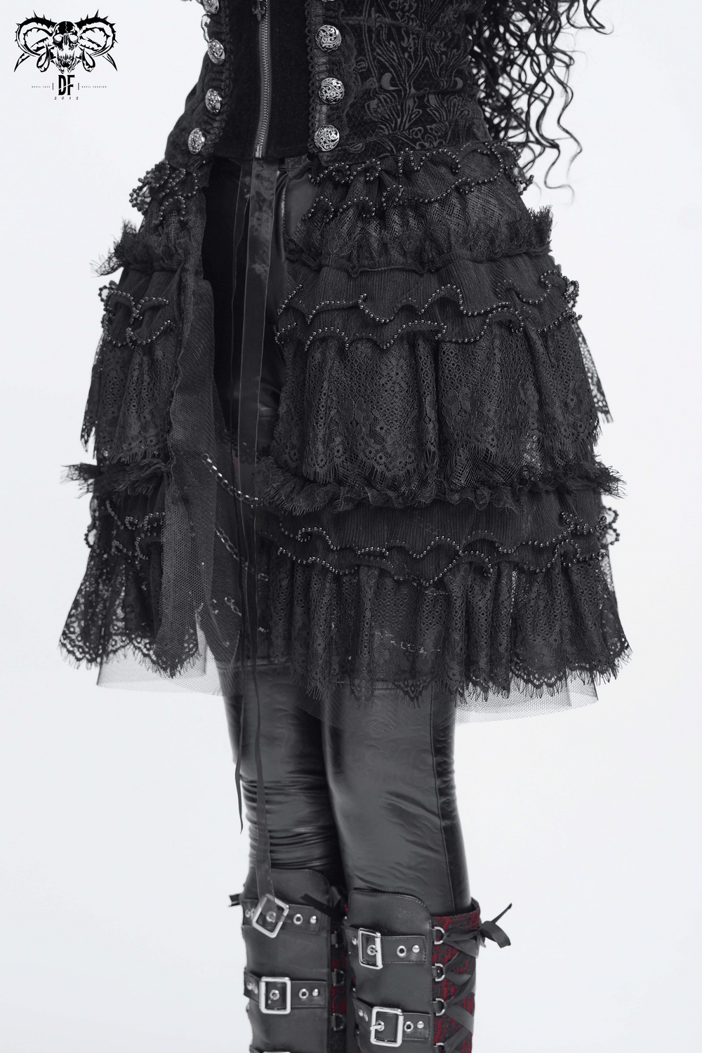 Women's Gothic Lace Ruffle Mini Skirt with Layered Trim showcasing intricate lace and layered ruffles.