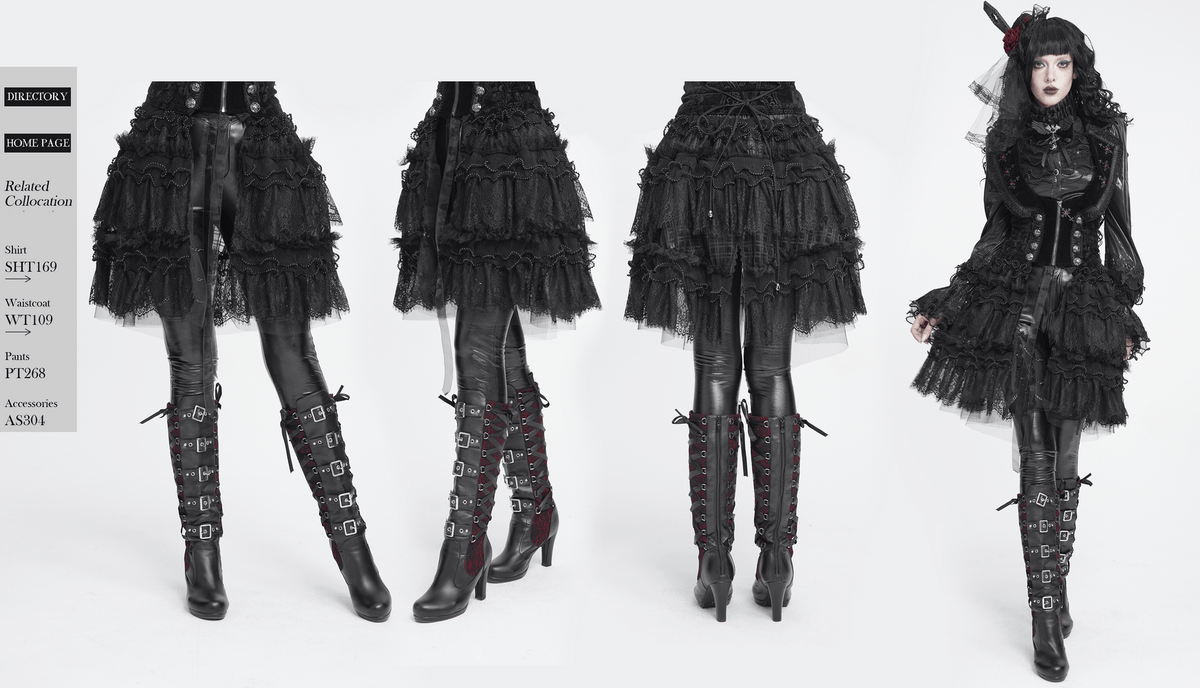 Women's Gothic Lace Ruffle Mini Skirt with Layered Trim displayed with stylish gothic accessories and faux leather pants.