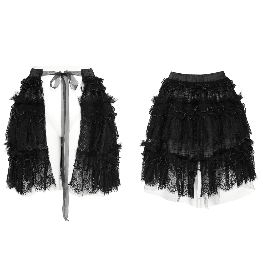Women's Gothic Lace Ruffle Mini Skirt with Layered Trim in black, features layered ruffles and a chic design.